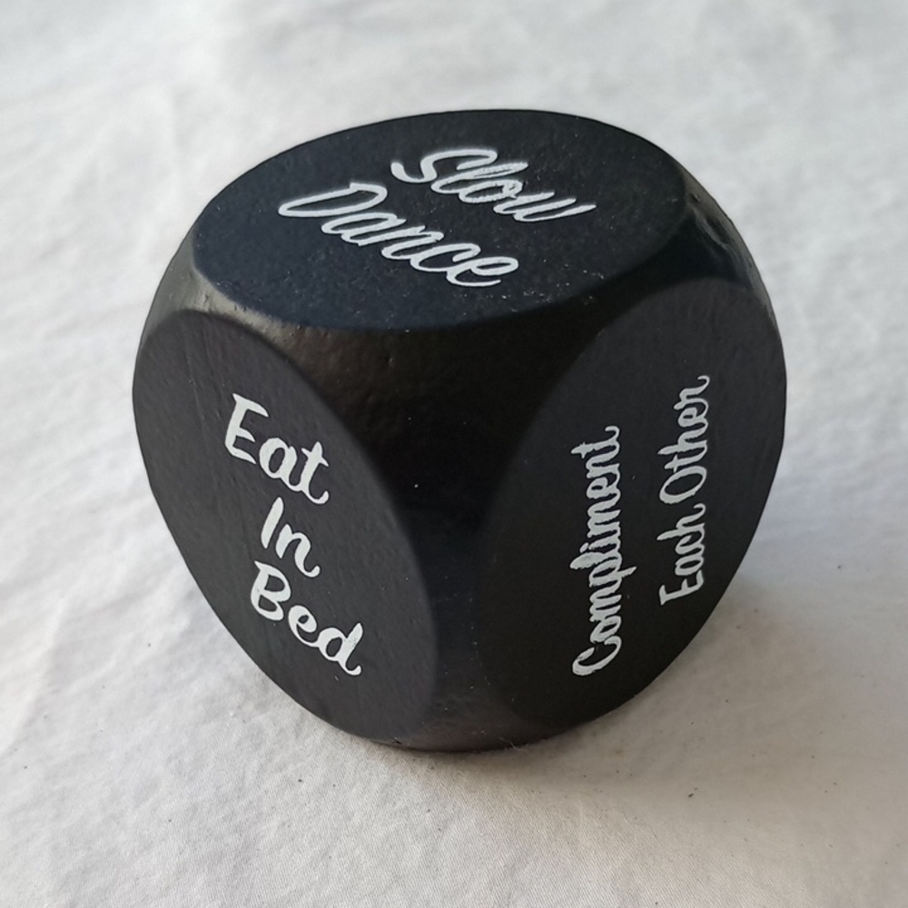 Black Date Night Dice with White Text Anniversary Staycation Romance Gift Fun
